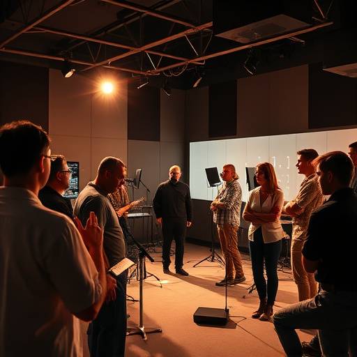 Mehrere Personen im Tonstudio, Symbol für Synchronisation