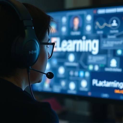 Person mit Kopfhörern vor einem Bildschirm, Symbol für E-Learning-Inhalte
