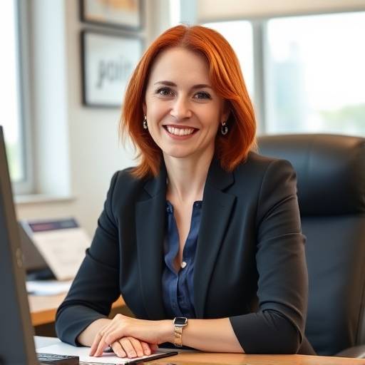 Porträt von Julia Klein, Projektmanagerin mit roten Haaren und einem freundlichen Lächeln, die an einem Schreibtisch sitzt